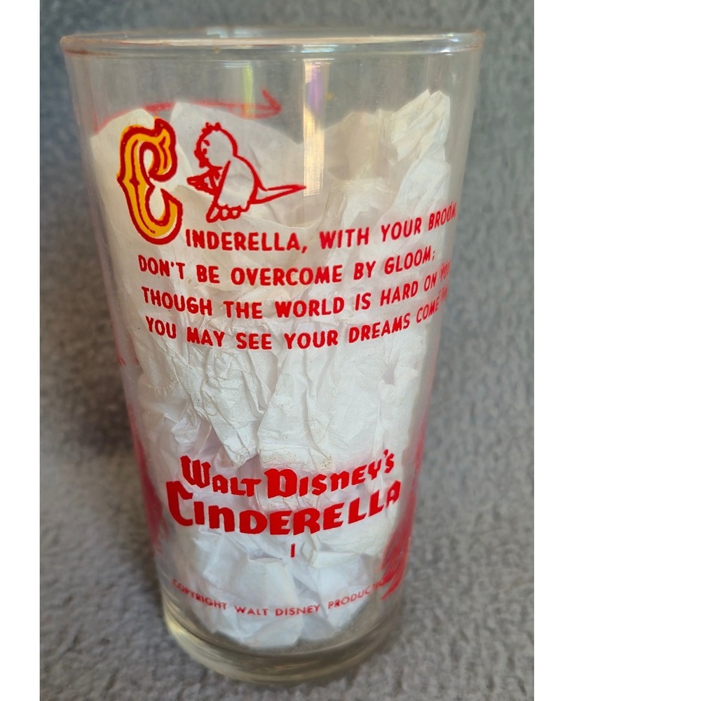 Vintage Walt Disney Cinderella Glass Tumbler 1950s Productions Red Yellow #1